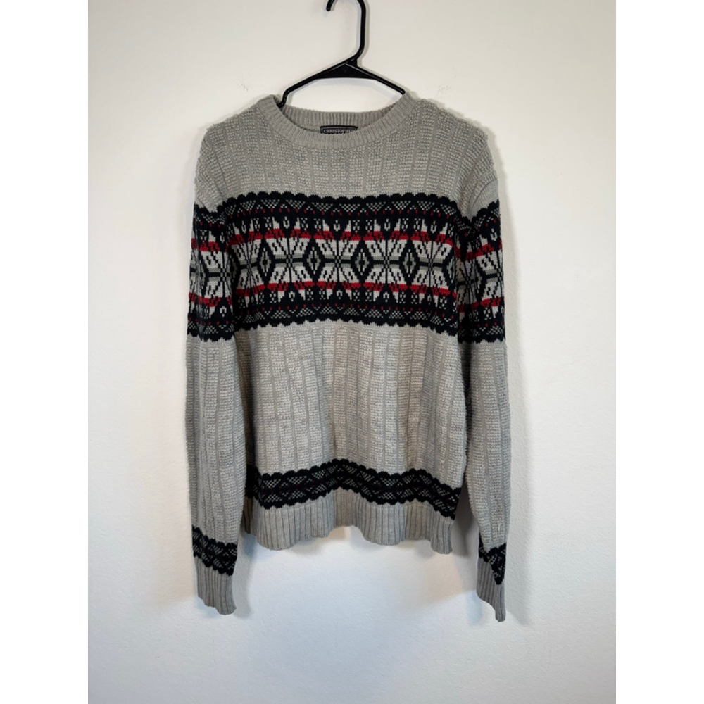 Men's Christopher Rand Grey Black Fair Isle‎ Crewneck Sweater M